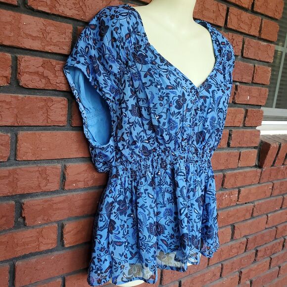 Old Navy Waist Defined Printed Dolman Sleeve Top Size M Blue Floral Ruched - Picture 2 of 10